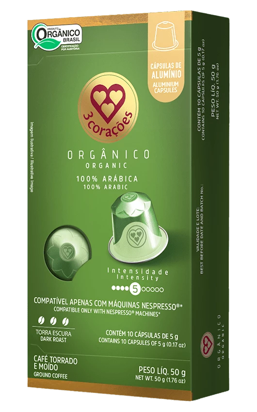 Caja x10 Capsulas Cafe 3 Corazones Brasil Organico Nespresso